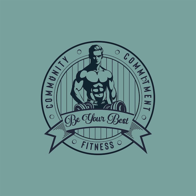 Векторный значок логотипа спортивного тренажерного зала Vintage Fitness Man Gym