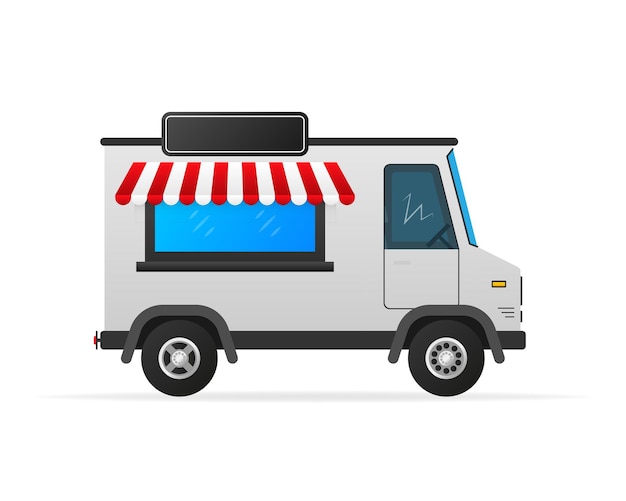 Vector vintage flat set with truck kiosk icon courier service delivery ice cream van