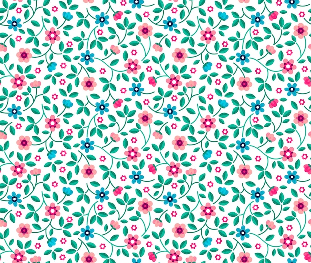 Vintage floral background. Seamless pattern for design and fashion prints. Floral pattern with small blue and pink flowers on a white background. Ditsy style.