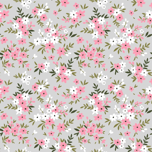 ヴィンテージの花の背景。灰色の背景に小さなピンクの花とのシームレスなパターン。