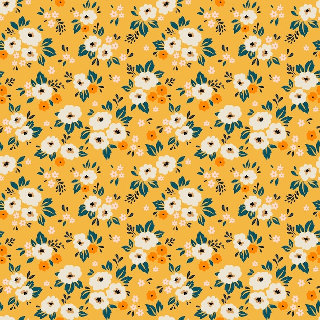 Sfondo floreale vintage. modello senza cuciture con piccoli fiori bianchi su sfondo giallo.