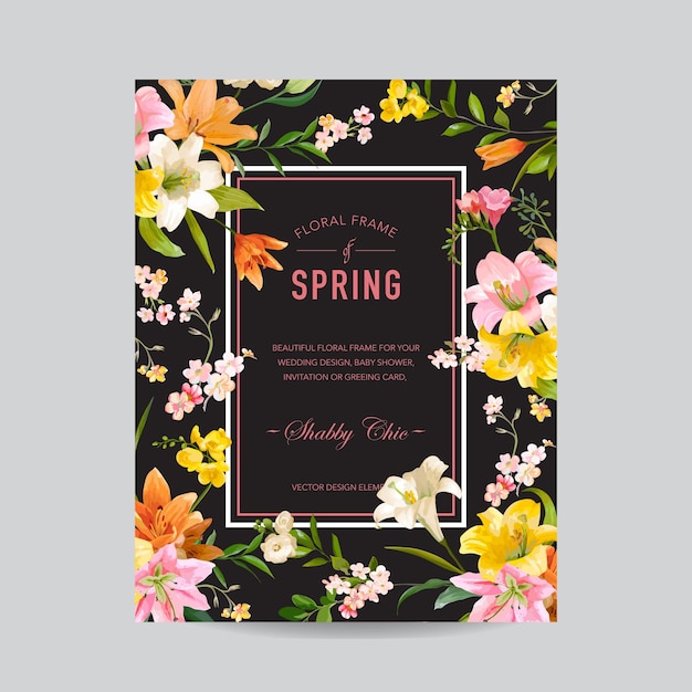 ヴィンテージ花のカラフルなフレーム-水彩ユリの花-招待状、結婚式、ベビーシャワーカード用