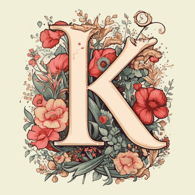 Vintage Floral Engraved Lettering K Classic Beauty with Timeless Flowers