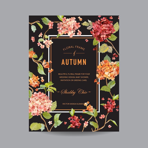 Vintage Floral Frame - Autumn Hortensia Flowers - for Invitation, Wedding, Baby Shower Card