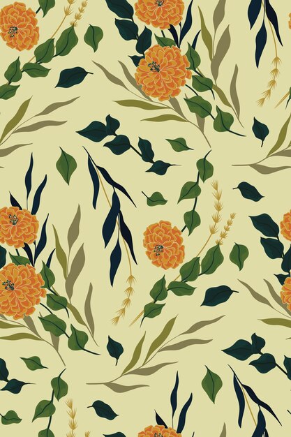 Vintage floral pattern with autumn composition Seamless pattern with falling yellow flowers leaves twigs and herbs Botanical background with wildflowers Vector