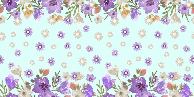 섬유 벽지 스크랩북을 위한 캄파눌라와 데이지 꽃이 있는 빈티지 꽃 원활한 테두리