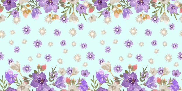 Bordo floreale vintage senza cuciture con fiori campanula e margherita per scrapbooking di carta da parati in tessuto