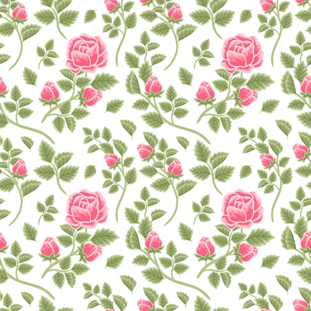 Vintage floral seamless pattern of pink rose flower buds and leaf branch arrangements