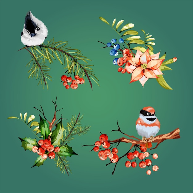 Vintage floral set spring or summer decoration with pine dry branch, red berries, mountain ash, little red bird, gray bird. colorful vector illustration.isolate.