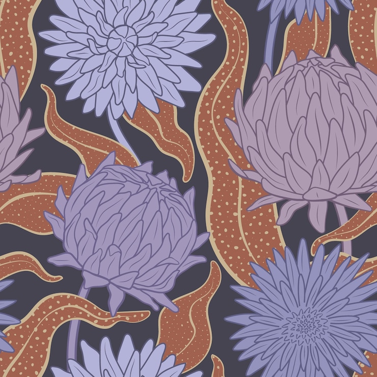 Vector vintage floral vector seamless pattern muted purple flowers and lush leaves on dark background