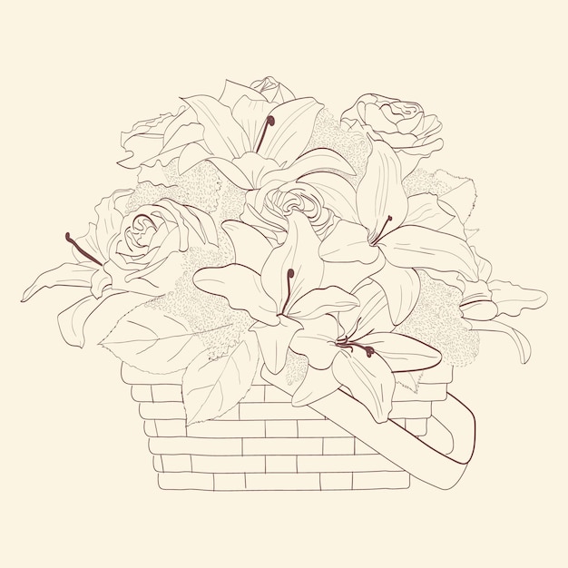 Vector vintage flower bouquet vector line art with basket