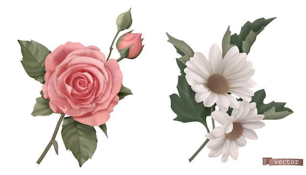 Vintage flowers. Rose, chamomile 3d realistic vector illustration