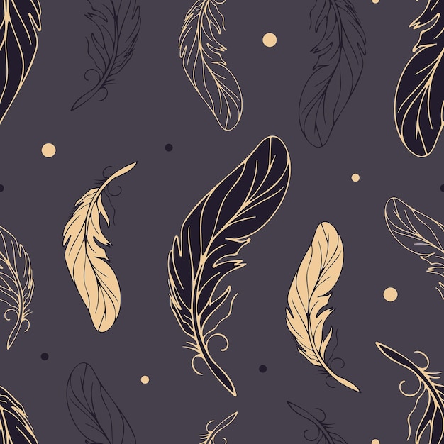Vintage flying golden feathers Graceful pattern in sketch style on a dark background For nursery wallpaper printing on fabric wrapping background