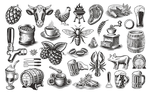 Vintage Food Clipart, a set of black and white illustrations for such themes as brewery, cheese dairy, honey, bbq, coffee