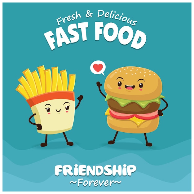 Vintage food poster design with burger &amp; fries character.