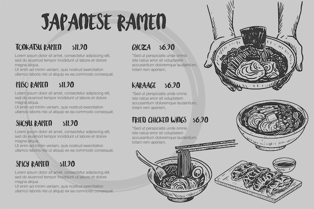 Vettore schizzo di cibo vintage, menu di ramen giapponese disegnato a mano,