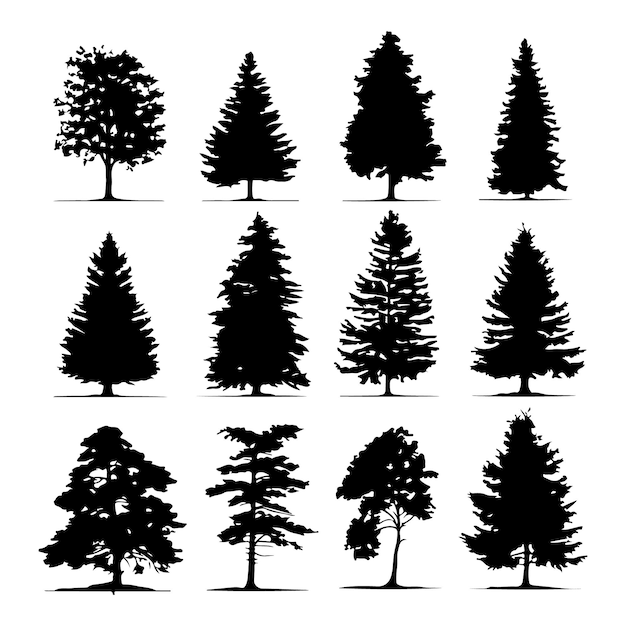 Vintage forest trees black silhouette sketch art illustration