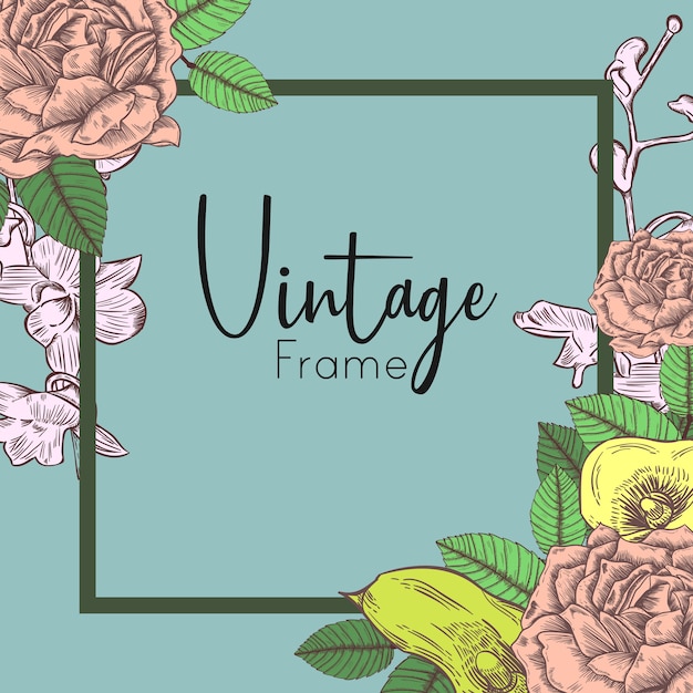 Vector vintage frame invitation background wiith flower and leaves