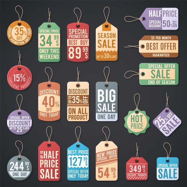 Vector vintage free price tag vector web collection. free sale tag label for price and offer shopping illustration