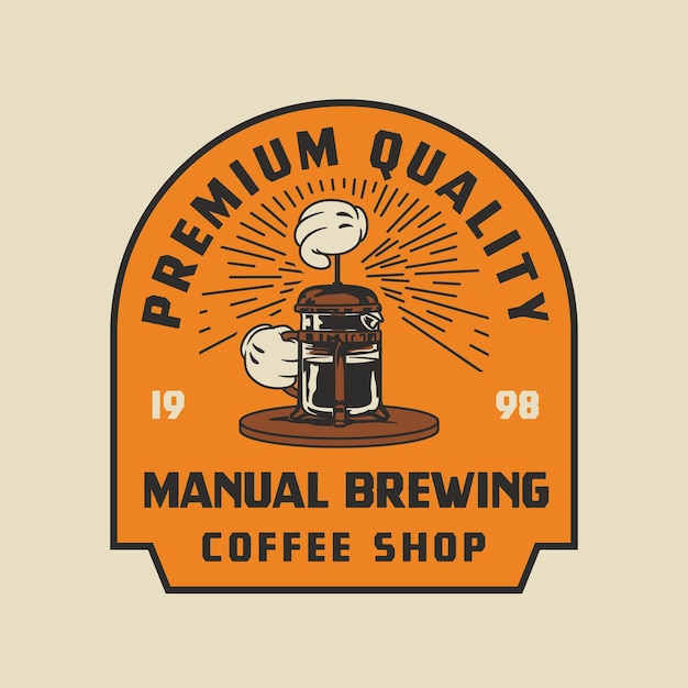 Vintage french press manuale brewing coffee shop logo distintivo fatto a mano illustrazione vettoriale