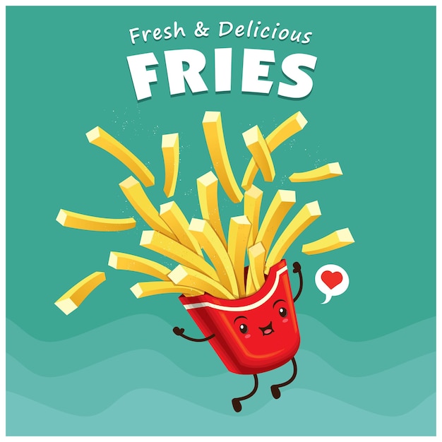 Vector vintage fries poster design with vector fries character