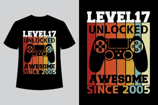 Vector vintage gamer tshirt design with level 17 unlocked birthday gaming tshirt design