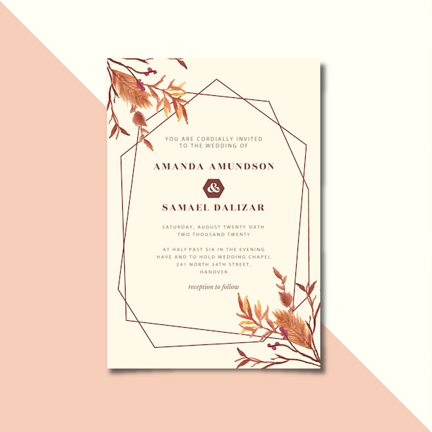 Vintage geometric wedding invitation with dry floral watercolor