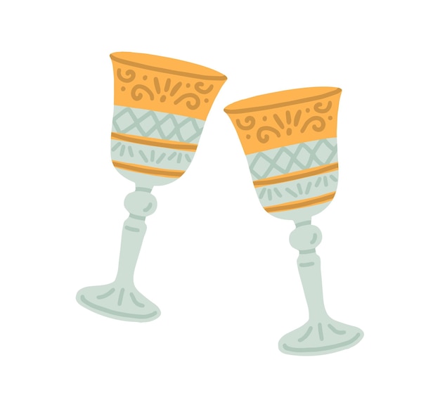 Vintage glass stemware decorated with ornament. two retro crystal wineglasses. colored flat vector illustration of wine glasses or goblets isolated on white background.