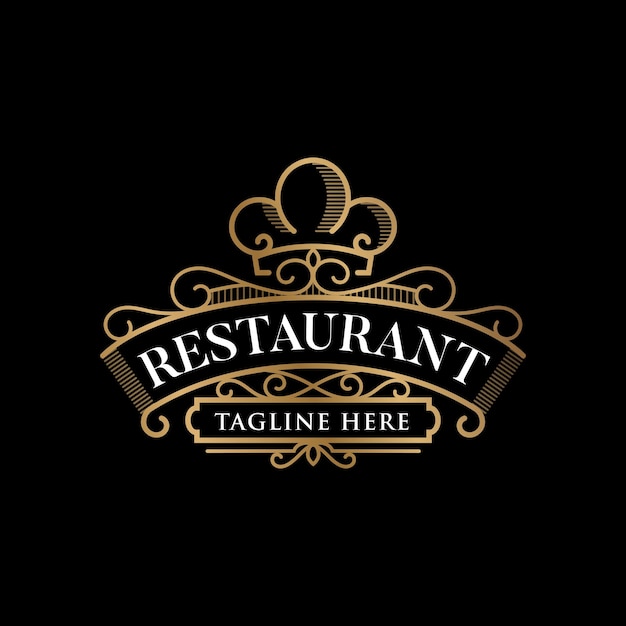 Vintage gold line art restaurant logo and badge template