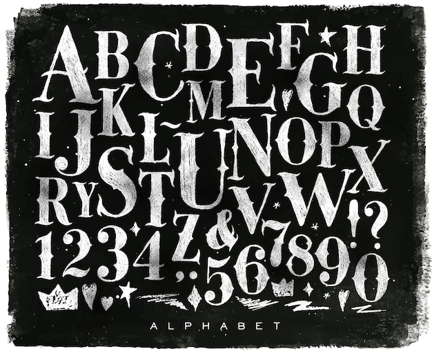 Vector vintage gotische lettertype in retro-stijltekening met krijt op schoolbord achtergrond