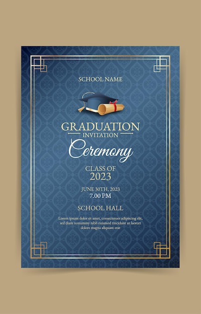 Vector vintage graduation invitation card with blue background and vintage pattern