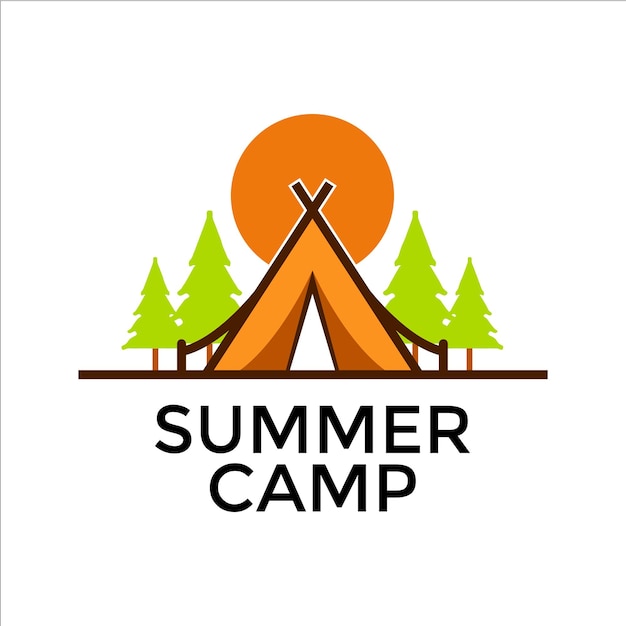 vintage graphic of camping tent with trees and sunset