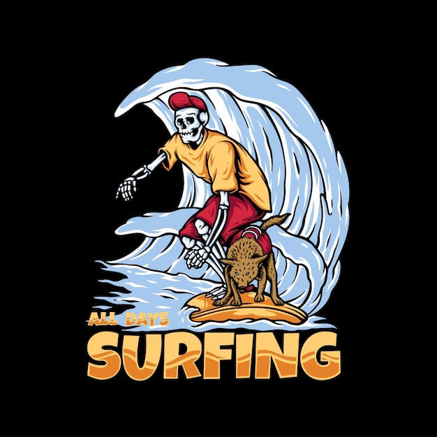 винтажная графика скелета для серфинга с дизайном иллюстрации собаки для футболки
