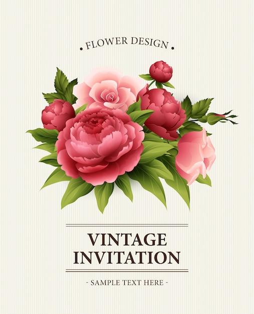 Vector vintage greeting card with blooming peony and rose flowers.