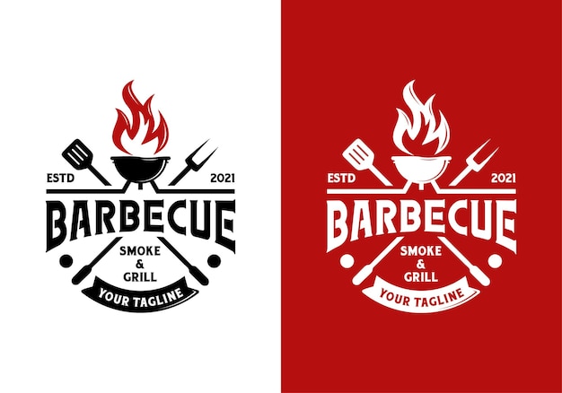 Vettore barbecue vintage alla griglia, modello di ispirazione per il design del logo del ristorante