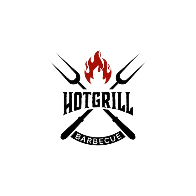 Barbecue barbecue vintage grill barbecue con forchetta incrociata e logo con fiamma di fuoco