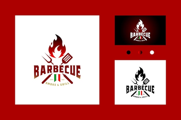 Vintage Grill Barbeque Barbecue Bbq with Crossed Fork Spatula and Fire Flame Icon Logo Design