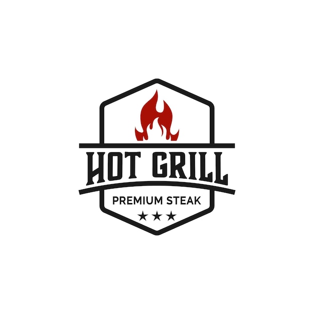 Vintage grilled barbecue logo retro BBQ vector fire grill food and restaurant icon Red fire icon