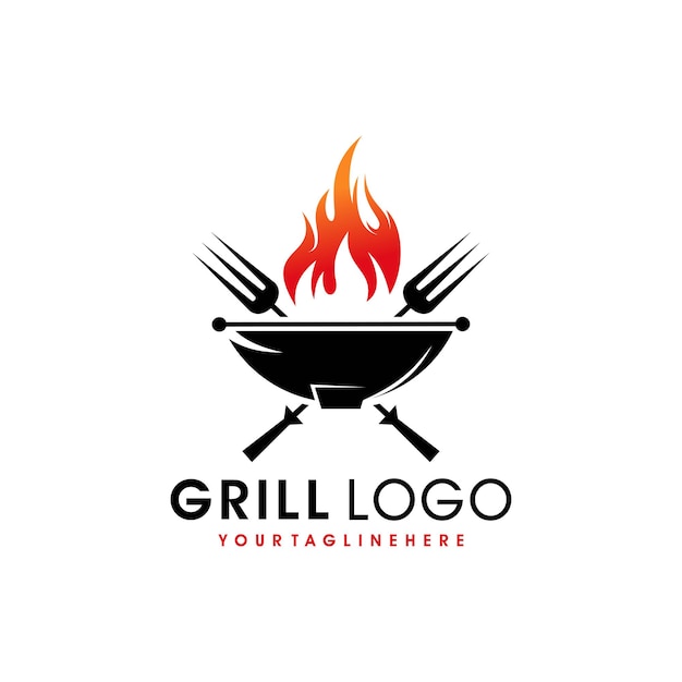 Винтажные грили барбекю с логотипом вилки и пламени огня