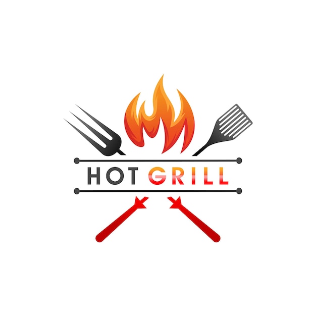 Barbecue vintage grills con forchetta e logo fiamma fuoco