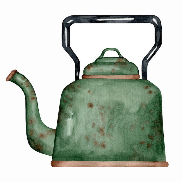 Vector vintage groene waterkoker aquarel illustratie hand getekende dorp keuken element