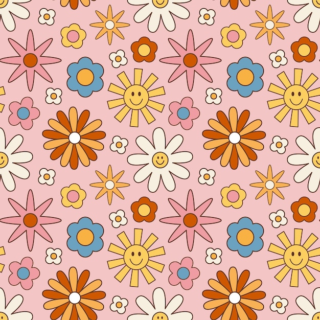 Vintage groovy daisy flowers Retro hippie style floral vector background 60s 70s 80s