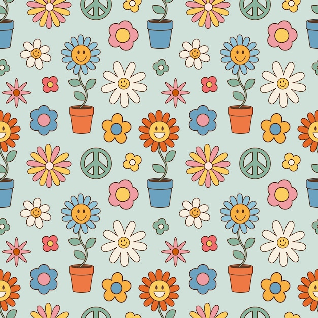 Vintage groovy flowers seamless pattern Retro hippie style floral vector background 60s 70s 80s