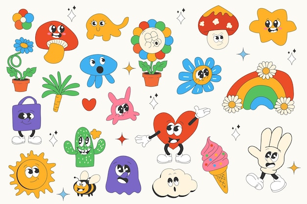 Vintage groovy set elementen in plat grafisch ontwerp Collectie van grappige paddenstoel daisy spook hart regenboog cactus gebaren hand wolk andere lopen en zingen mascots Vector illustratie
