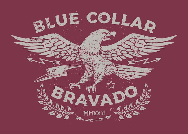 Vintage Grunge Blue Collar Worker Eagle Spreading Wings Illustration