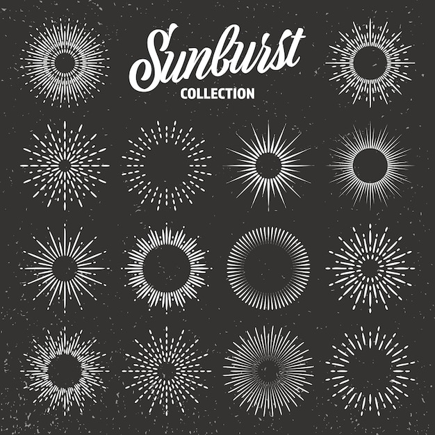 Vintage grunge sunburst collectie bursting sun rays vuurwerk logo of letters ontwerp element