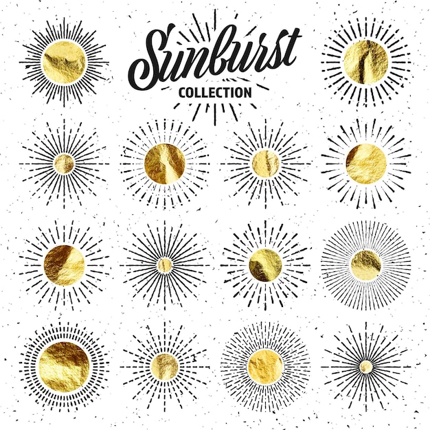 Vintage grunge sunburst sunset beams gold foil shiny handmade circles golden glittering texture