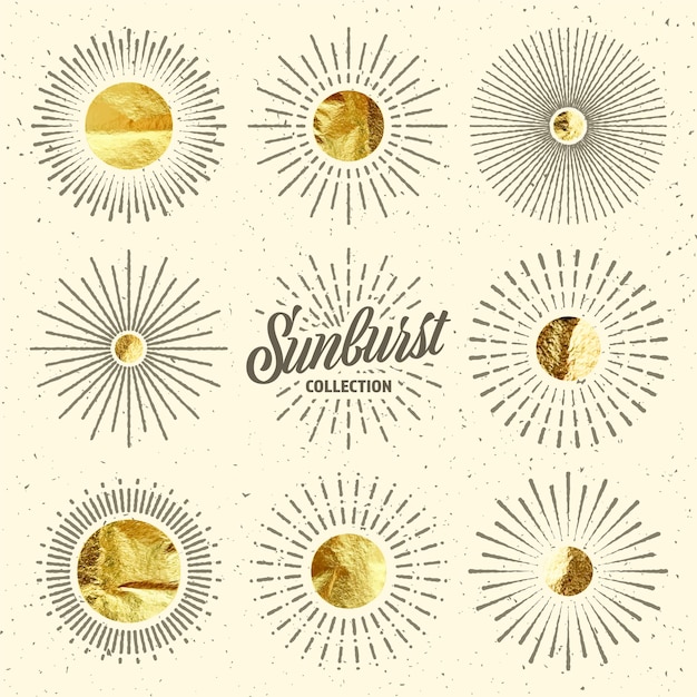 Vector vintage grunge sunburst sunset beams gold foil shiny handmade circles golden glittering texture