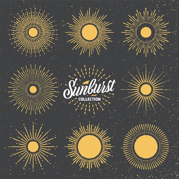 Vintage grunge sunburst sunset beams hand drawn bursting sun light rays logotype or lettering design