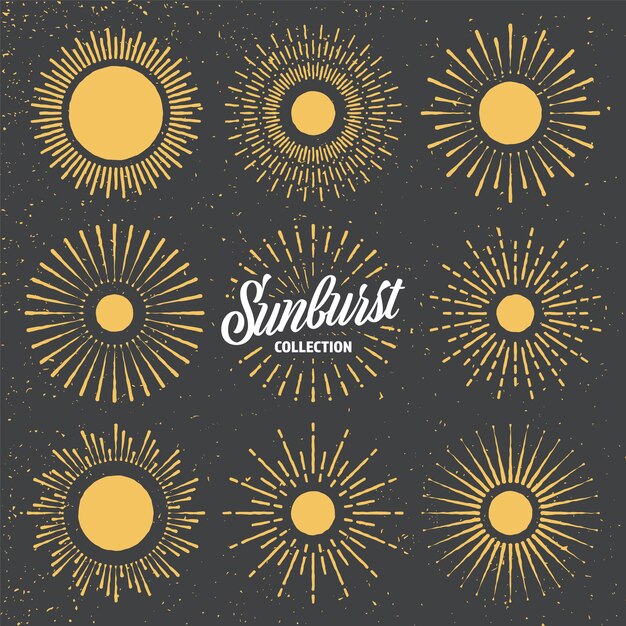 ベクトル ヴィンテージ・グランジ・サンバースト・サンセット・ビーム (vintage grunge sunburst sunset beams) は手描きのバースティング・サンライト・レイ (bursting sunlight rays) のロゴタイプまたはレターデザインです